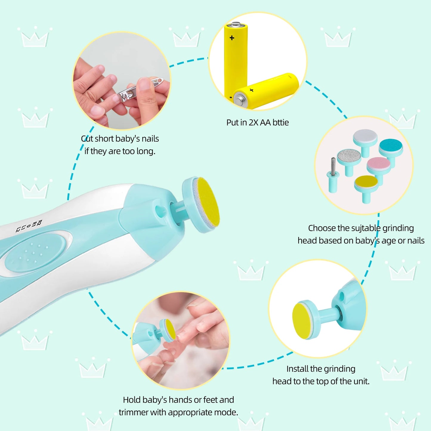 Electric Nail File Drill for Baby No Sharp Claws Hurt, 6 in 1 Safety Cutter Trimmer Clipper for Toes and Fingers