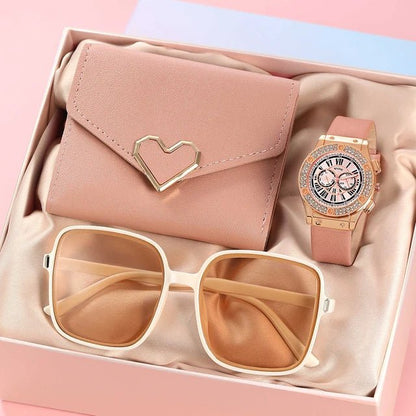 3PCS Women’s Casual Leather Watch Set: Quartz Wristwatches, Heart Bow Wallet, Sunglasses - The Girly Things