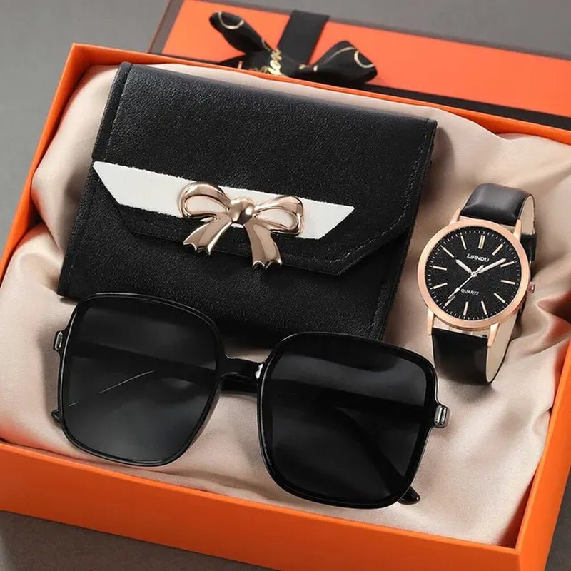 3PCS Women’s Casual Leather Watch Set: Quartz Wristwatches, Heart Bow Wallet, Sunglasses - The Girly Things