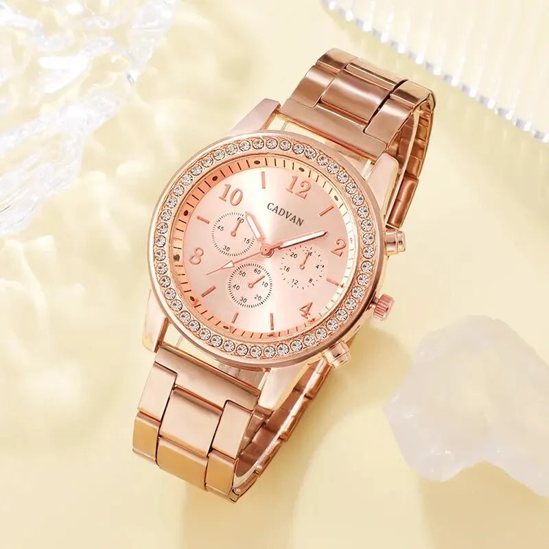 6PCS Set Rose Gold Luxury Watch Women Ring Necklace Earring Rhinestone Fashion Wristwatch Casual Ladies Bracelet Watches - The Girly Things