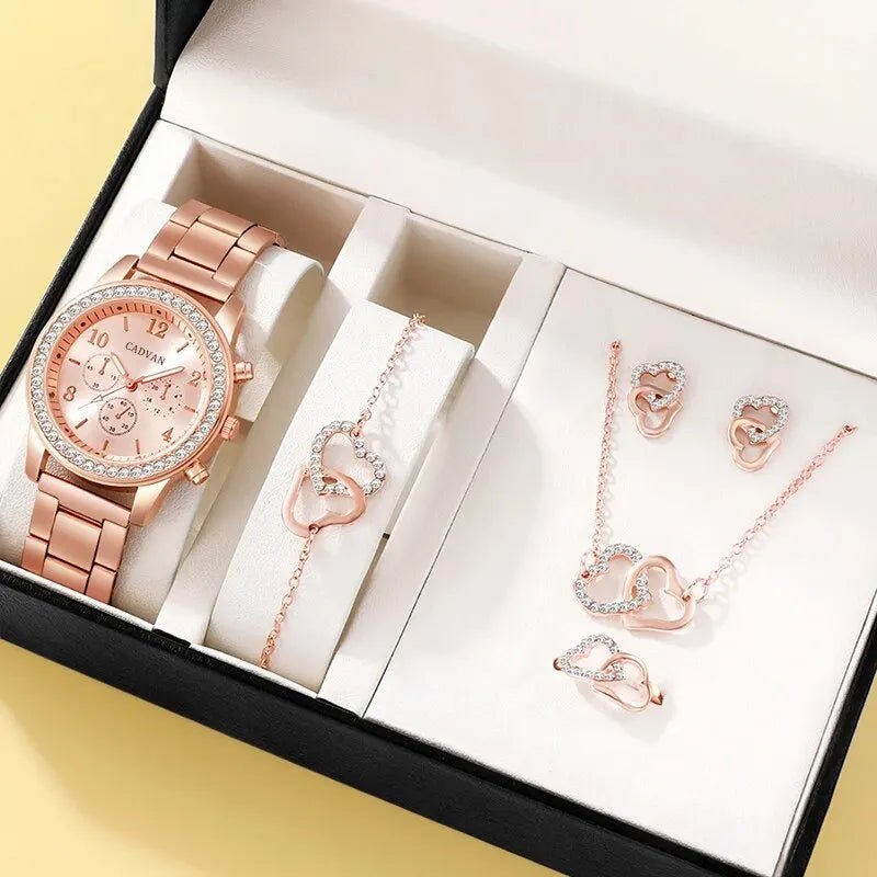 6PCS Set Rose Gold Luxury Watch Women Ring Necklace Earring Rhinestone Fashion Wristwatch Casual Ladies Bracelet Watches - The Girly Things