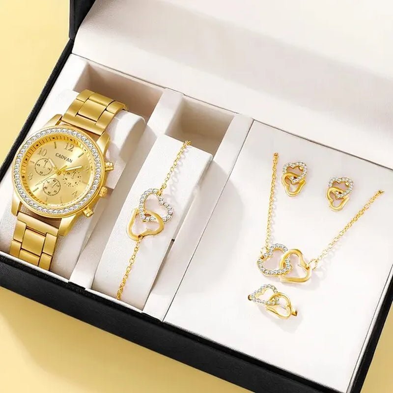 6PCS Set Rose Gold Luxury Watch Women Ring Necklace Earring Rhinestone Fashion Wristwatch Casual Ladies Bracelet Watches - The Girly Things