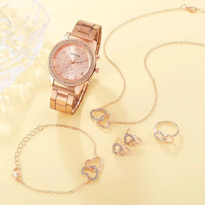 6PCS Set Rose Gold Luxury Watch Women Ring Necklace Earring Rhinestone Fashion Wristwatch Casual Ladies Bracelet Watches - The Girly Things