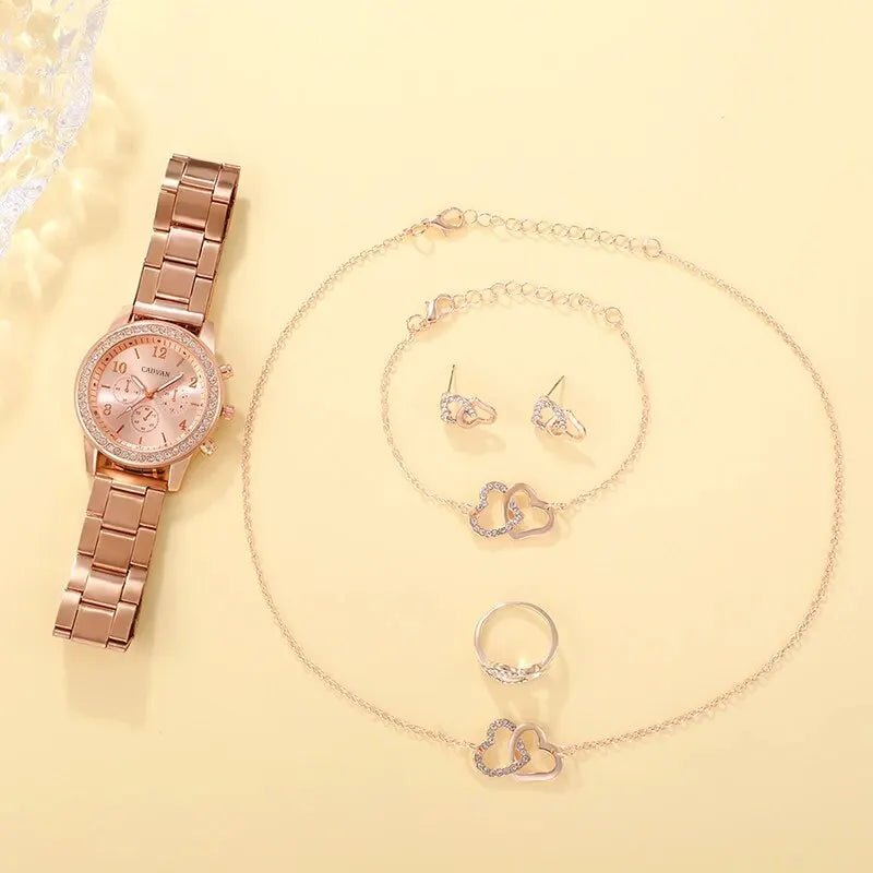 6PCS Set Rose Gold Luxury Watch Women Ring Necklace Earring Rhinestone Fashion Wristwatch Casual Ladies Bracelet Watches - The Girly Things