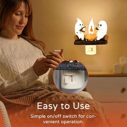 Halloween Ghost Campfire Nightlight - Flickering Plug-In Pumpkin Light for Spooky Décor