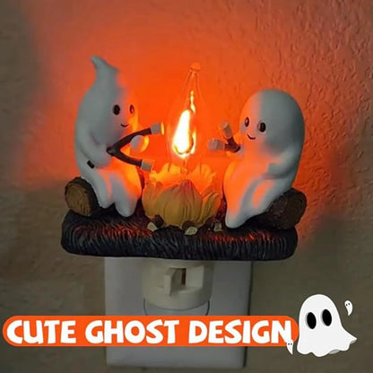 Halloween Ghost Campfire Nightlight - Flickering Plug-In Pumpkin Light for Spooky Décor