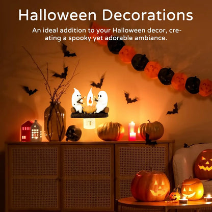 Halloween Ghost Campfire Nightlight - Flickering Plug-In Pumpkin Light for Spooky Décor