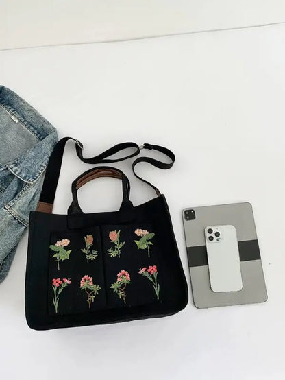 Elegant Flower Embroidered Tote Bag - The Girly Things