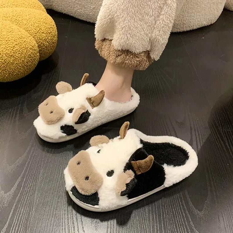 Kawaii Milk Cow Winter Slippers – Cute, Fluffy, Warm Plush House Shoes for Women & Girls - The Girly Things