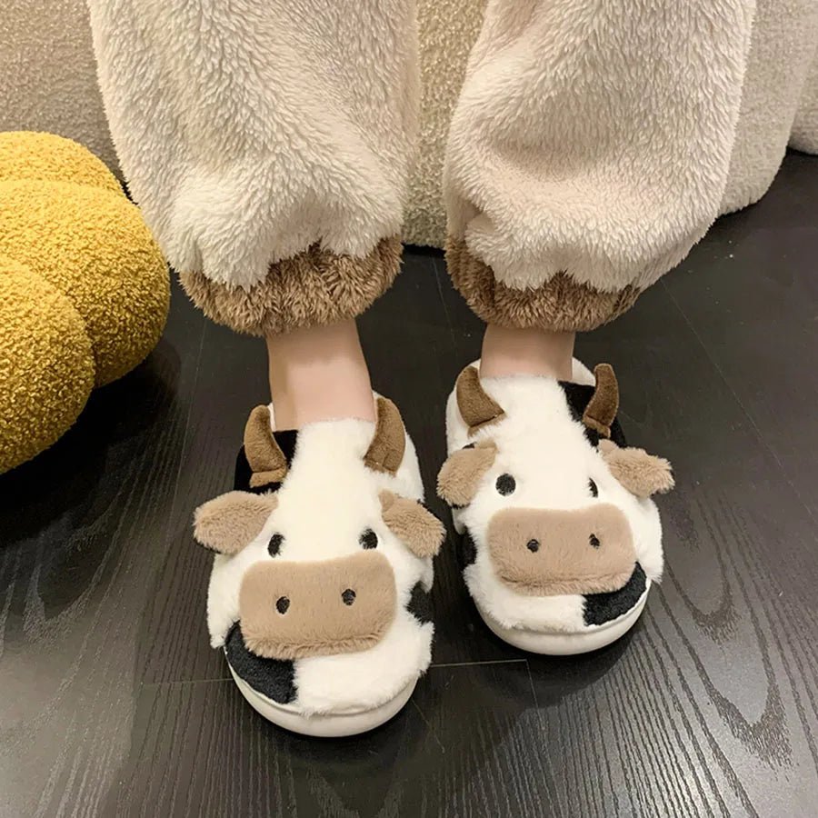 Kawaii Milk Cow Winter Slippers – Cute, Fluffy, Warm Plush House Shoes for Women & Girls - The Girly Things