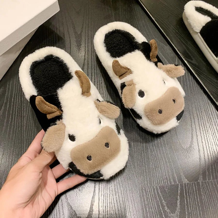 Kawaii Milk Cow Winter Slippers – Cute, Fluffy, Warm Plush House Shoes for Women & Girls - The Girly Things