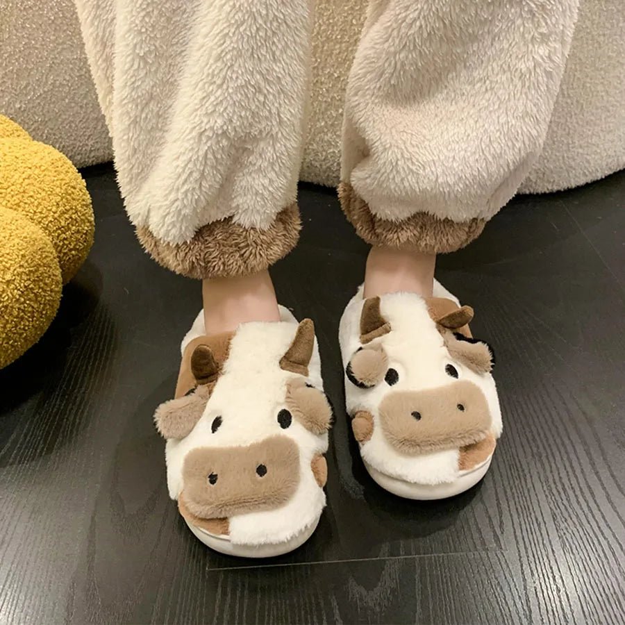 Kawaii Milk Cow Winter Slippers – Cute, Fluffy, Warm Plush House Shoes for Women & Girls - The Girly Things