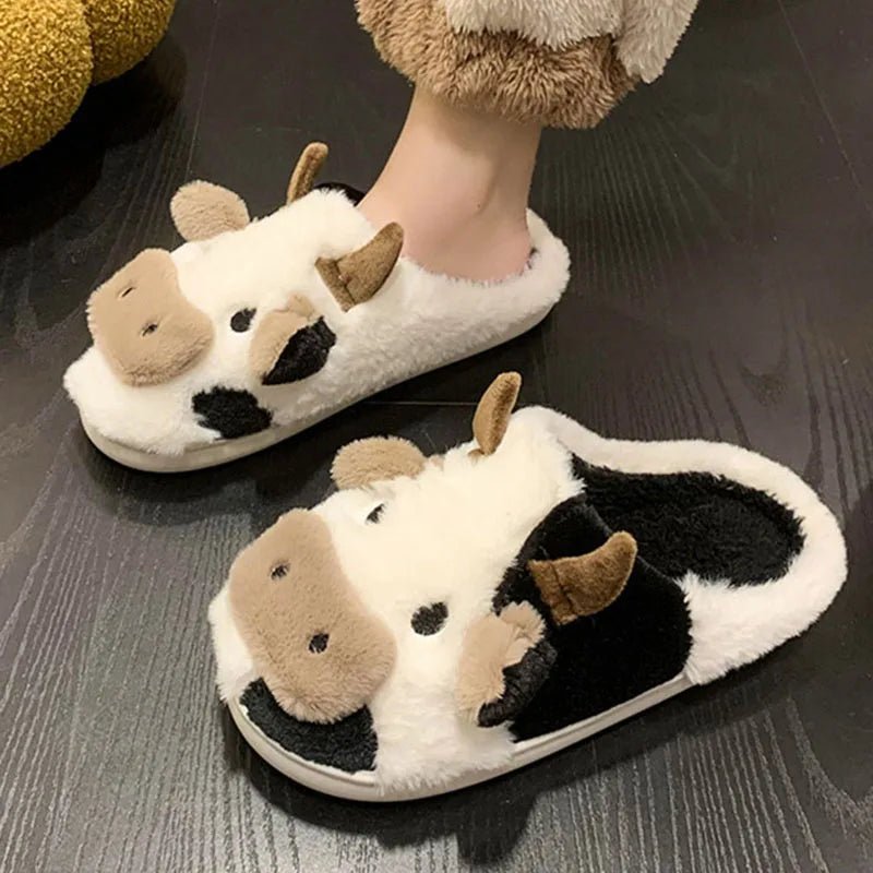 Kawaii Milk Cow Winter Slippers – Cute, Fluffy, Warm Plush House Shoes for Women & Girls - The Girly Things