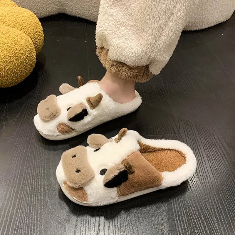 Kawaii Milk Cow Winter Slippers – Cute, Fluffy, Warm Plush House Shoes for Women & Girls - The Girly Things