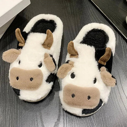 Kawaii Milk Cow Winter Slippers – Cute, Fluffy, Warm Plush House Shoes for Women & Girls - The Girly Things