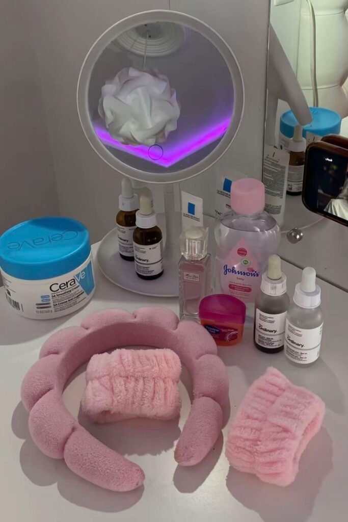 lazy girl night skincare routine products setup